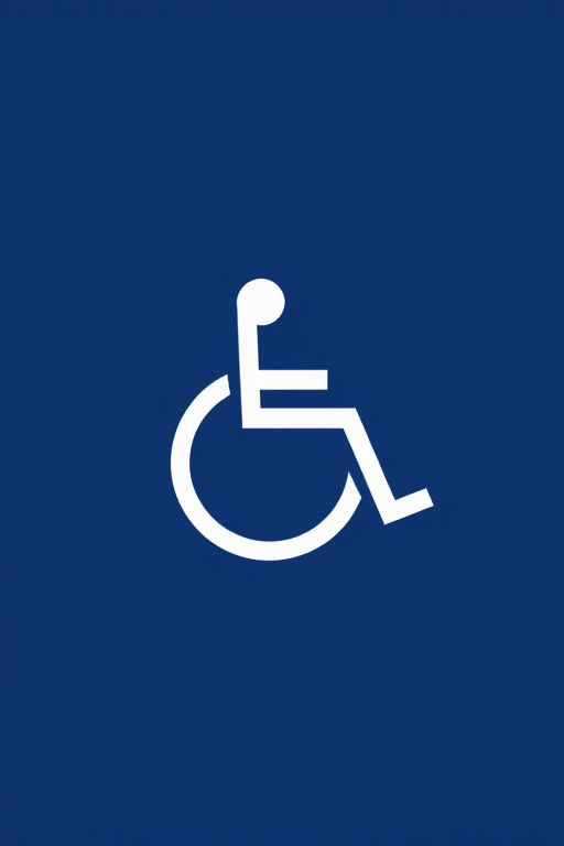 Create a high-resolution image of a simple, stylized wheelchair symbol on a solid dark blue background, using a DSLR camera with a 50mm lens, aperture set to f/2.8, ISO 100, and shot from a front view with soft lighting for clarity.