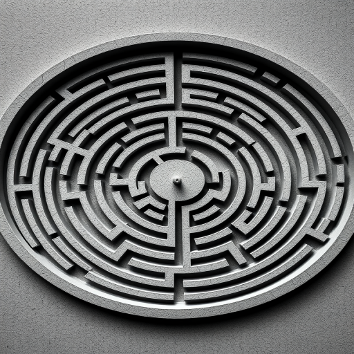 Create a detailed black and white maze design in a circular shape with intricate pathways and a central focal point, high resolution, aperture f/8, ISO 100, shutter speed 1/125s, top-down view, DSLR camera, minimalistic style.