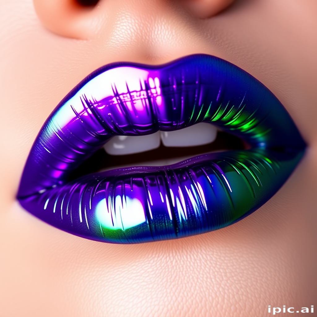 Duochrome lips shifting between emerald green and royal purple, mesmerizing and unique, showcasing an innovative approach to lip color