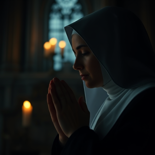 Regenerate a dark, atmospheric image of a nun praying with a candlelit background, using a DSLR camera at f/1.8, ISO 100, 50mm lens, shot at a low angle with soft focus to enhance depth and detail.