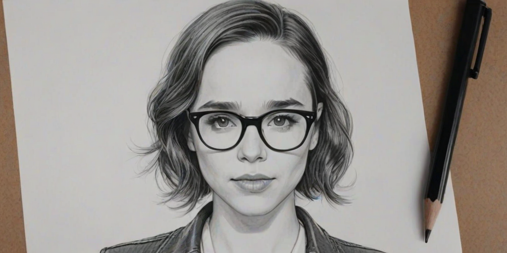 Radiant Ellen Page, pencil sketch, portrait of Ravishing woman 1953s in glasses, hair style beatnik, outline, clear lines, fine lines, 8k