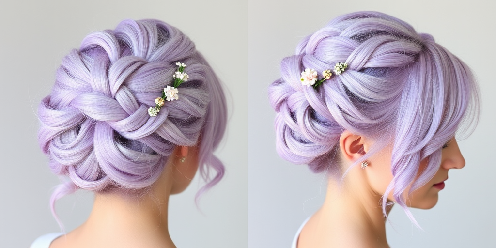 Pastel lavender locks arranged in an intricate braided updo with wispy tendrils framing the face, adorned with delicate floral accessories for an ethereal and dreamy appearance named Lilac Whimsy