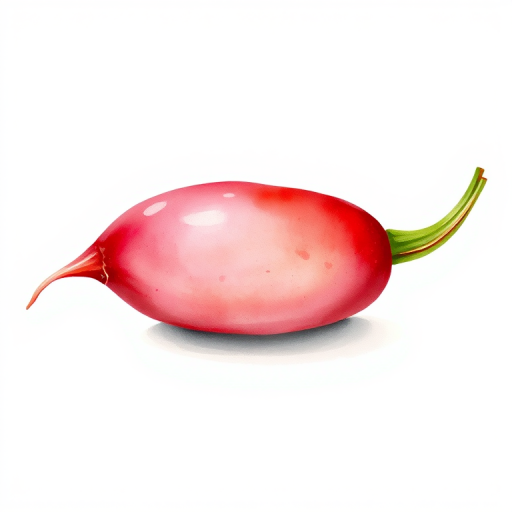 Generate a high-resolution watercolor illustration of a single red radish with green leaves, using a 50mm lens at f/2.8 aperture, soft lighting, shot from a slightly elevated angle, utilizing a DSLR camera for enhanced detail and color vibrancy.