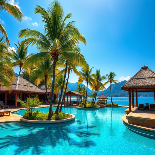 tropical poolside scene with palm trees, blue water, distant mountains, and a thatched gazebo, sunlight casting soft shadows, vibrant color palette, DSLR camera, 50mm lens, f/2.8 aperture, 1/200 sec shutter speed, ISO 100, capture in a warm afternoon light, landscape orientation