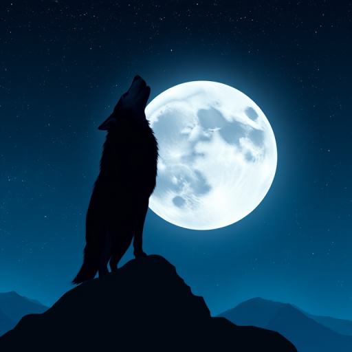create a digital artwork of a wolf howling on a mountain silhouette against a large full moon in a starry night sky, use a wide-angle lens perspective, enhance colors with high contrast, 4K resolution, f/2.8 aperture, low ISO 100, soft lighting, and smooth gradients in the sky.