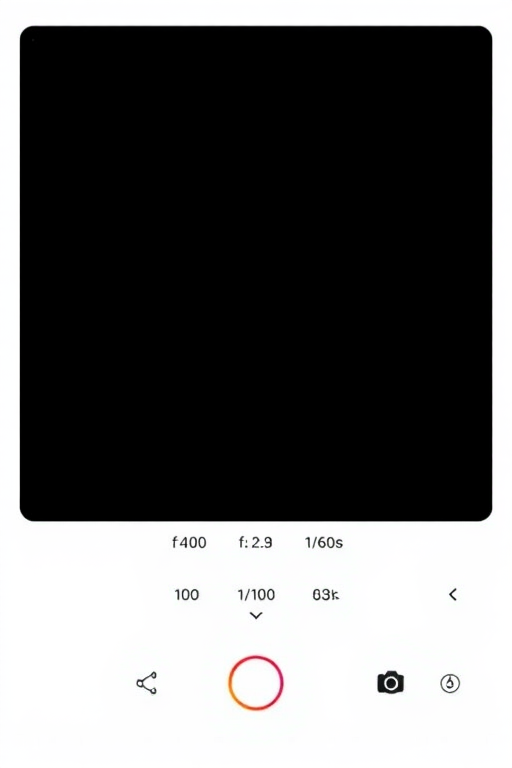 Create a minimalistic smartphone interface design featuring a black background, white navigation elements at the bottom, centered app icons, with the camera settings set to f/2.8 aperture, ISO 100, shutter speed 1/60s, using a DSLR camera style, in landscape view to enhance image quality.