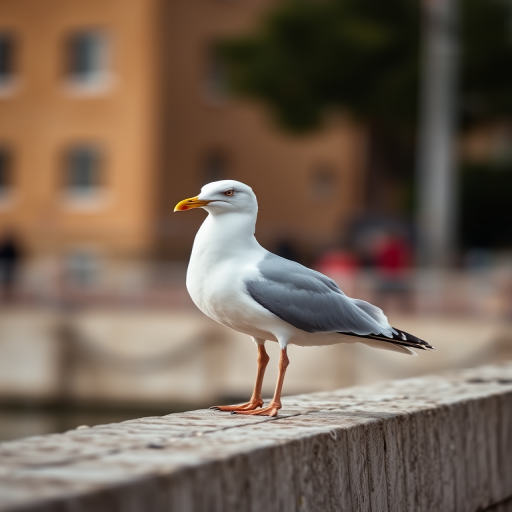 seagull standing on a wall against a blurred background, shot with a DSLR camera, aperture f/4, shutter speed 1/500s, ISO 200, 50mm lens, natural light, focus on the bird, shallow depth of field