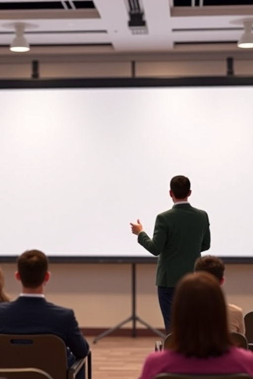 Create an illustration of a speaker presented in front of a blank presentation screen, using a DSLR camera with a 50mm lens, f/1.8 aperture, 1/200 sec shutter speed, ISO 100, in a well-lit room, with a focus on the figure and a soft background blur.