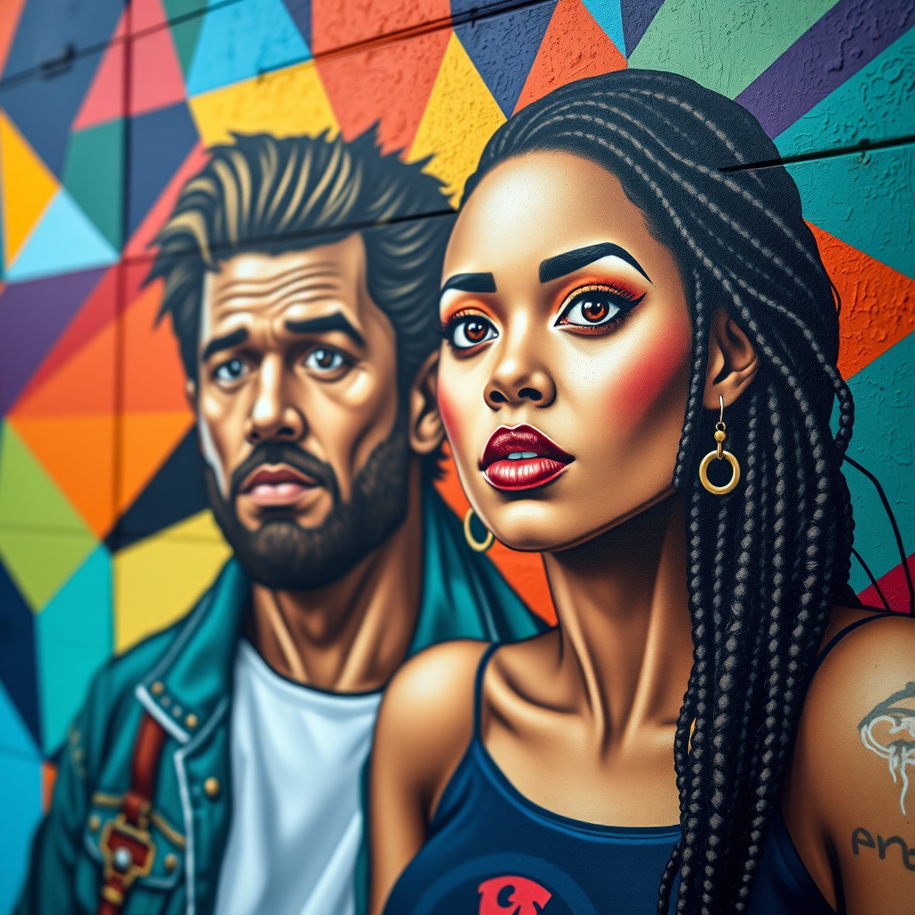Create a vibrant street art mural featuring a man and a woman with expressive faces, set against a colorful geometric background, captured with a Canon EOS R5, 50mm lens, f/1.8 aperture, ISO 100, natural lighting, shallow depth of field.