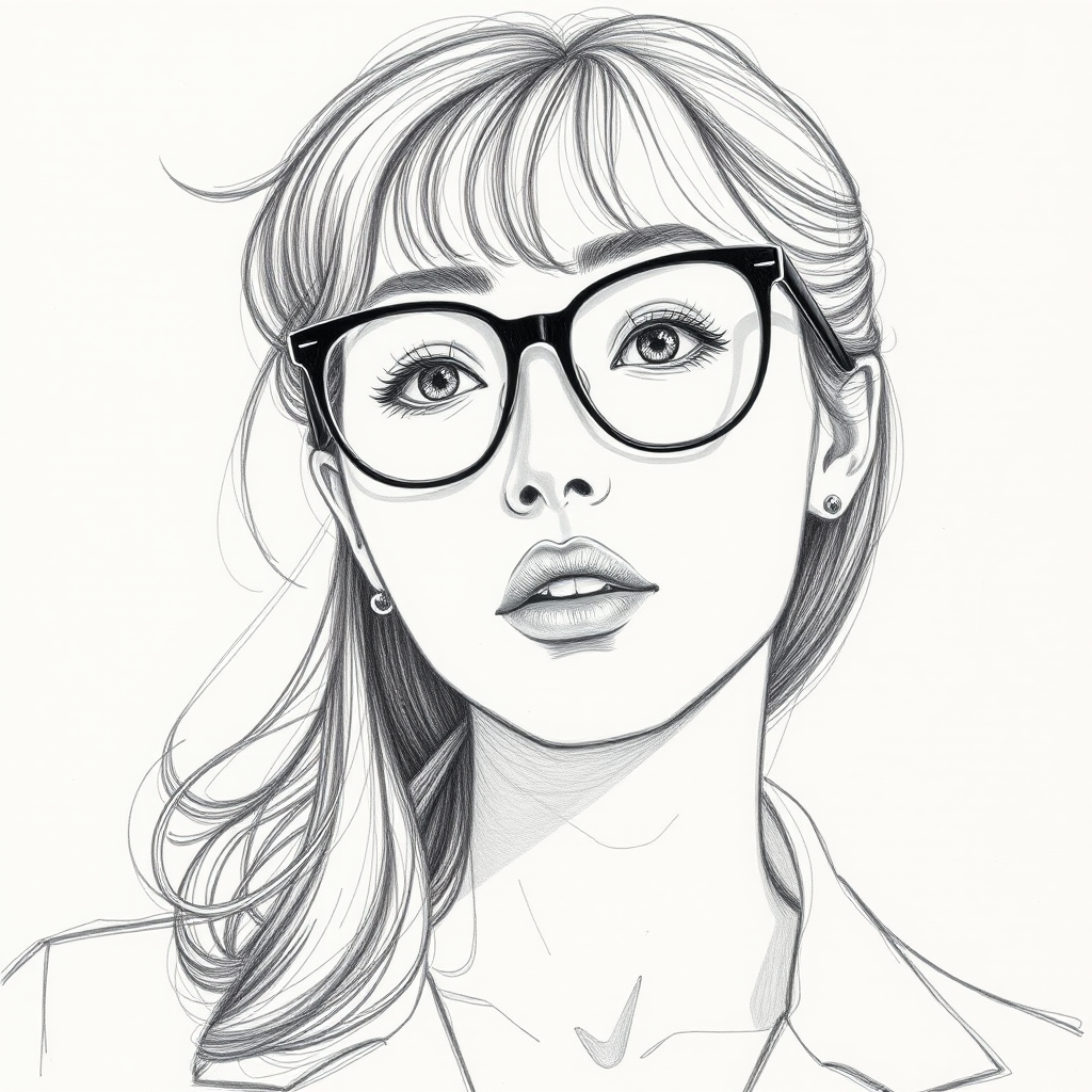 Beauteous Eleanore Matsuura, pencil sketch, portrait of Captivating woman 1944s in glasses, hair style beatnik, outline, clear lines, fine lines, 8k