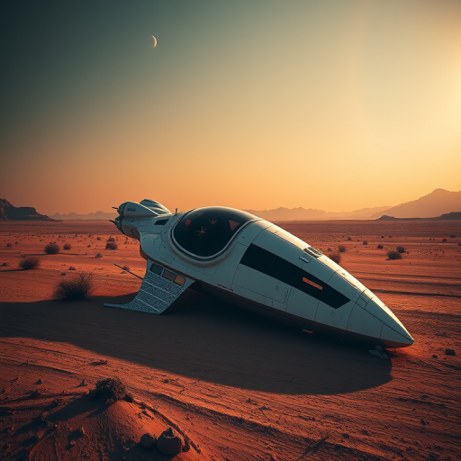 Generate a high-resolution sci-fi landscape featuring a futuristic spaceship crash-landed in a desert, with a distant planet visible in the sky, captured using a DSLR camera, 35mm lens, f/8 aperture, 1/250 sec shutter speed, and a low-angle view for dramatic effect.