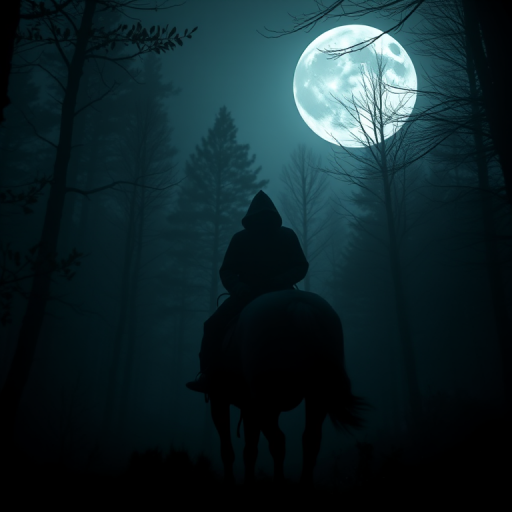 Create a dark and atmospheric scene of a hooded figure on a black horse riding through a dense, misty forest illuminated by a large full moon, using a DSLR camera with a 50mm lens, f/1.8 aperture, ISO 800, shutter speed 1/60s, and a low-angle view to enhance depth and detail.