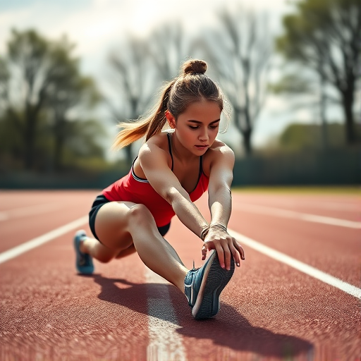 Capture a dynamic action shot of a young female athlete stretching on a running track, using a DSLR camera with a 50mm lens, aperture set to f/1.8 for a shallow depth of field, shutter speed at 1/500 to freeze motion, and ISO 200 for bright outdoor lighting, from a low angle to emphasize movement and athleticism.