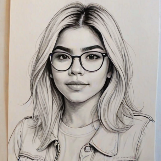 Sublime Hayley Kiyoko, pencil sketch, portrait of Alluring woman 1979s in glasses, hair style beatnik, outline, clear lines, fine lines, 8k