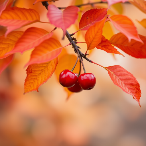 Capture a close-up shot of orange and red autumn leaves with cherries on a branch, using a DSLR camera with a 50mm lens, aperture set to f/2.8, ISO 100, shutter speed 1/200s, soft focus background for a shallow depth of field.