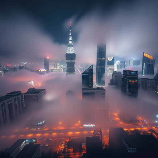 Capture a nighttime cityscape of Shanghai with fog rolling over illuminated skyscrapers, use a DSLR camera with a 24mm lens at f/8, ISO 200, shutter speed 15 seconds, from a low-angle perspective to enhance depth, using a tripod for stability.