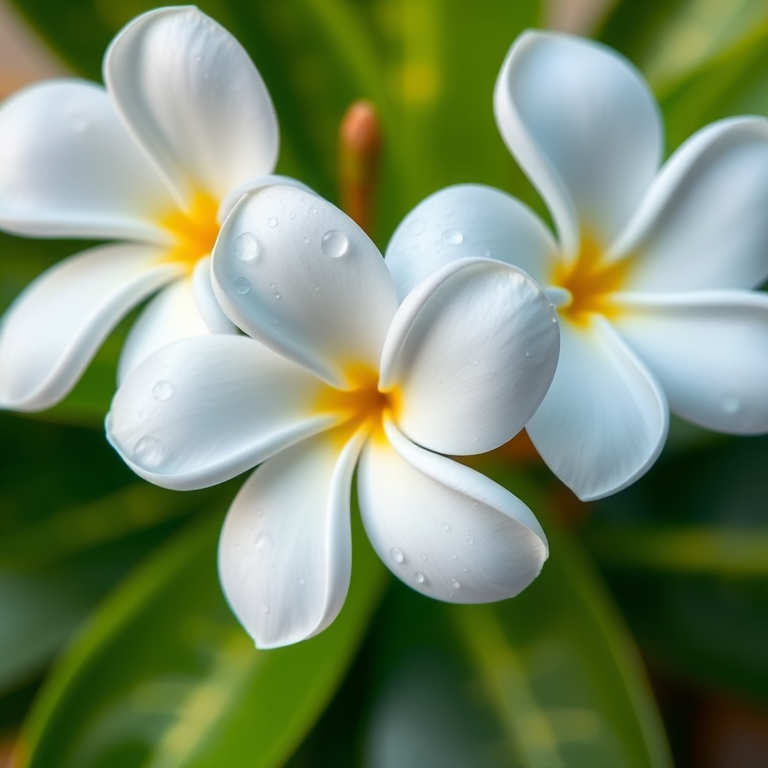 Close-up of three white plumeria flowers with droplets of water on petals, soft-focus background of green leaves, captured with a DSLR camera, 50mm lens, f/2.8 aperture, ISO 100, natural lighting.