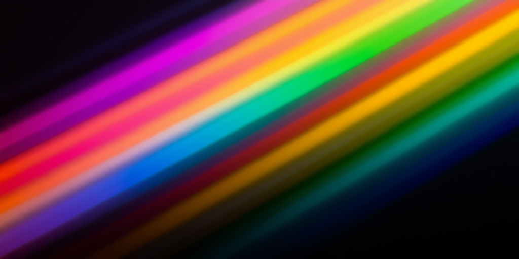 Create an abstract image of vibrant diagonal rainbow streaks blending into a dark background, using a Canon EOS R5 with a 50mm f/1.2 lens, aperture set to f/2.8, shutter speed 1/60s, ISO 200, in a long exposure style to enhance motion blur and color depth.