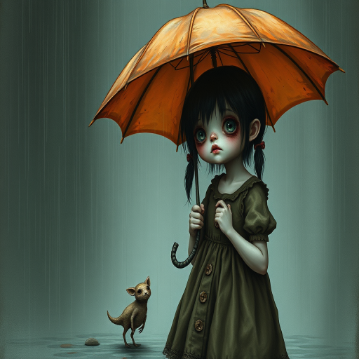 An eerie, weird little girl with dark hair in thin pigtails, wearing a smock dress, standing in the rain, holding a dirty orange umbrella, a small, odd creature beside her. In a surreal style inspired by Nicoletta Ceccoli and Brian Froud. Dark fantasy themes