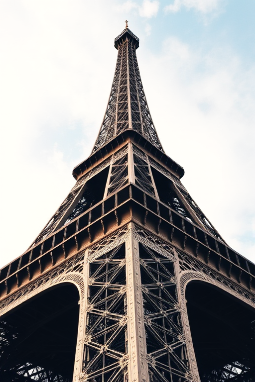 Capture an upward view of the Eiffel Tower from beneath, highlighting the intricate ironwork with a wide-angle lens, aperture f/8, ISO 100, with a DSLR camera, using natural lighting to enhance sky contrast and detail.