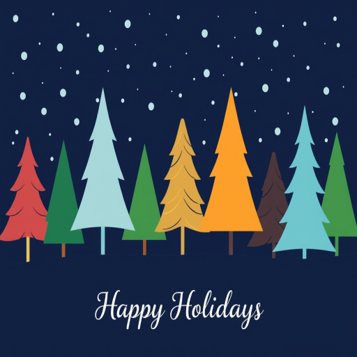 Create a festive winter scene featuring a variety of stylized trees in different colors and shapes, set against a dark blue night sky with falling snowflakes. Include the text "Happy Holidays" in a simple and elegant font at the bottom.
