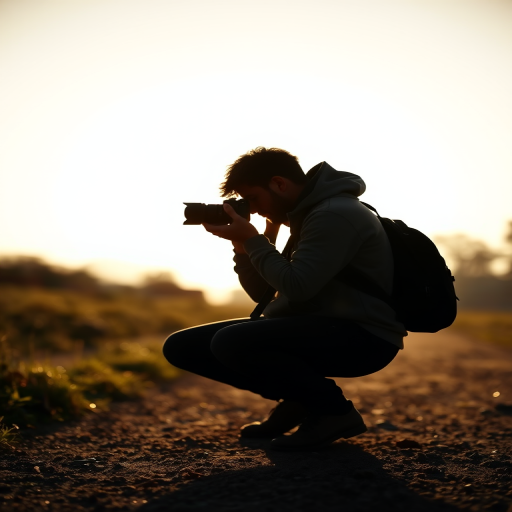 silhouette of a photographer crouching with a camera, shallow depth of field, 50mm lens, f/1.8 aperture, ISO 200, backlit with soft sunlight, captured with a digital DSLR camera