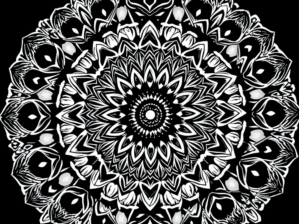 Create an intricate mandala design with high contrast, using a Canon EOS R5 camera at f/8 aperture, ISO 100, 1/125 sec shutter speed, with a 50mm lens in a top-down view for a clean background.