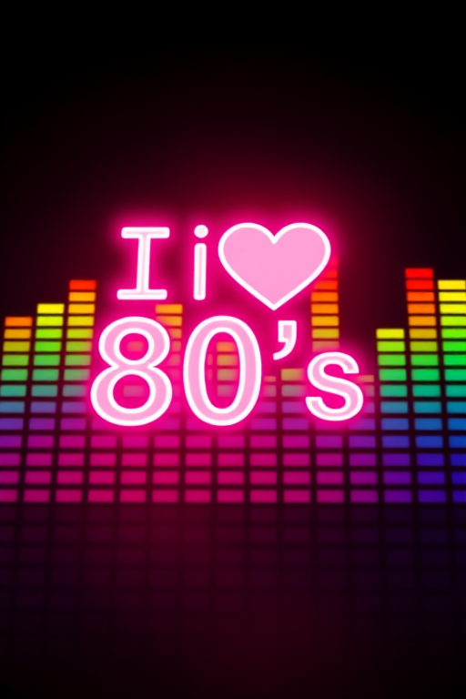 Create a vibrant neon-lit graphic featuring the text I love 80's over a colorful soundwave equalizer background, using a Canon EOS 5D Mark IV with a 50mm lens, f/2.8 aperture, ISO 100, and a slight tilt-shift effect to enhance depth.