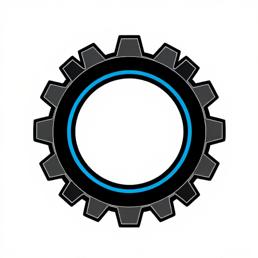 Create a high-resolution digital illustration of a gear, featuring a prominent blue outline around the central circle, with a clean black-and-gray color scheme, using a Canon EOS R5 camera, aperture f/2.8, ISO 100, 50mm lens, and a soft focus background for depth.