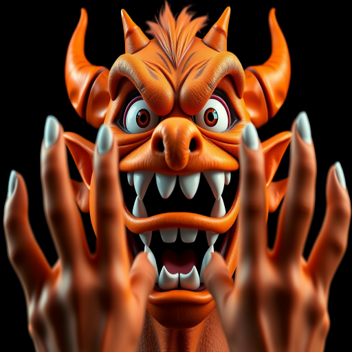 Create a 3D rendering of an orange cartoon demon face with exaggerated features, showing a wide open mouth and menacing eyes, with white hands raised in an expressive gesture, using a Canon EOS R5 with a 24mm f/1.4 lens, aperture set to f/2.8, ISO 100, and a 1/125 second shutter speed, in a dramatic front-facing view with high contrast lighting to emphasize facial details and textures.