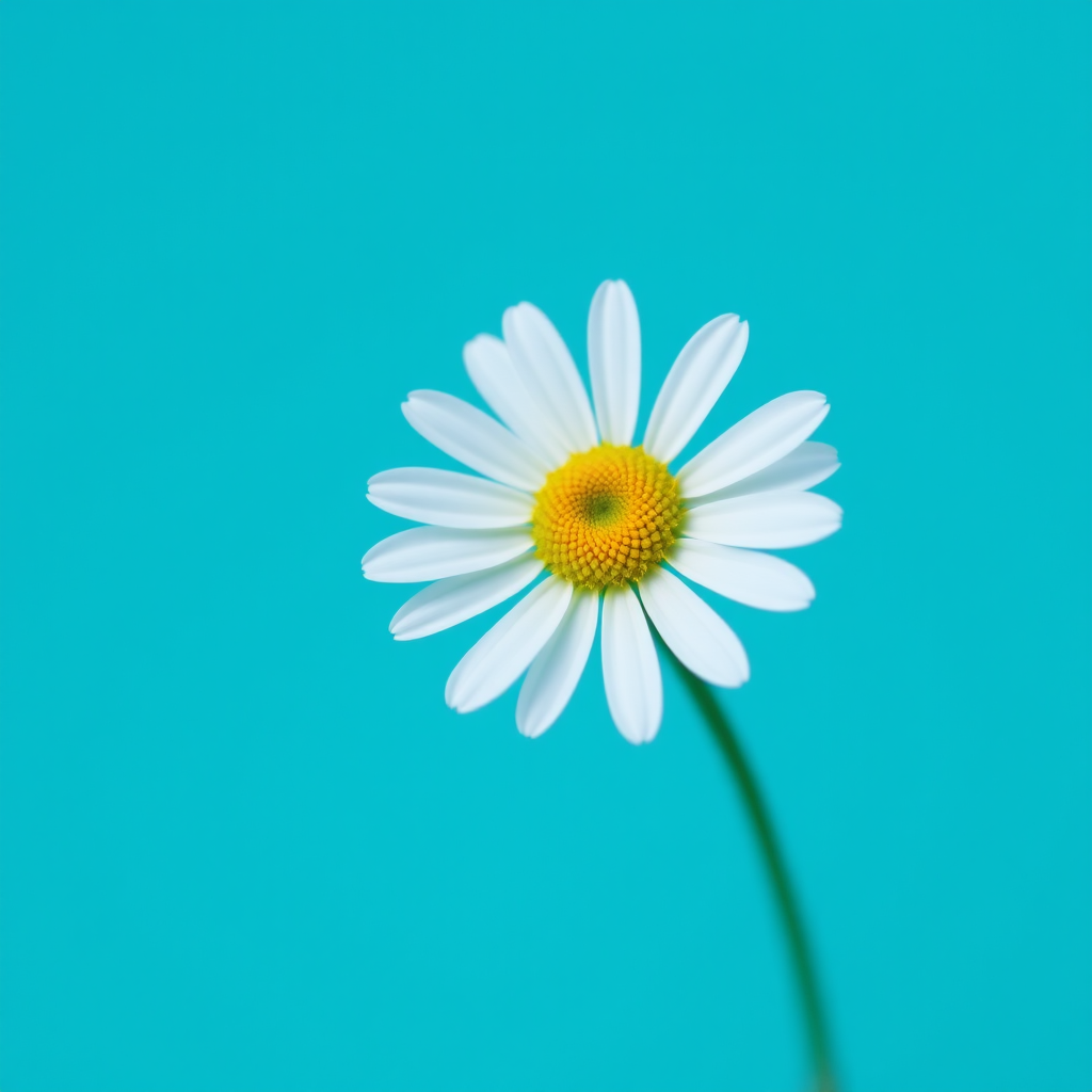A single white daisy with a yellow center against a solid turquoise background, captured with a DSLR camera, 50mm lens, aperture f/1.8, ISO 200, in natural light, shallow depth of field for a soft background blur.