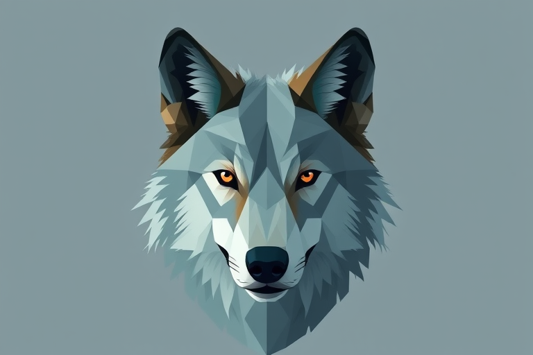 Create a geometric illustration of a wolf in a minimalist style, focusing on angular shapes and sharp contrasts, using soft lighting for depth, shot with a Canon EOS R5 at f/2.8, ISO 100, in a close-up view to enhance details and texture.