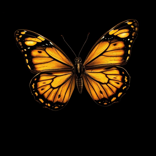 Create a highly detailed illustration of a butterfly with elegant golden patterns on a black background, captured in a close-up view, using a DSLR camera with a 50mm lens, aperture set to f/2.8, ISO 100, and a soft focus effect for enhanced image quality.