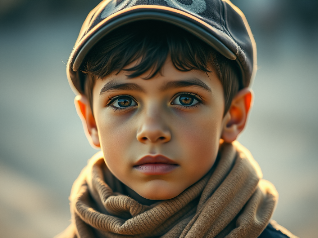 portrait of a young boy wearing a cap and a scarf, natural lighting, soft focus, shallow depth of field, ISO 200, f/2.8, 50mm lens, dynamic range enhancement, vintage style, warm color grading