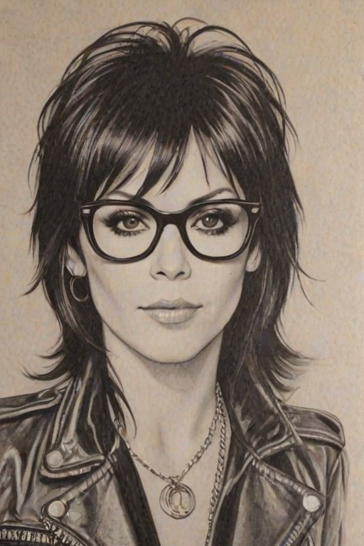 Charming Joan Jett, pencil sketch, portrait of Stunning woman 1974s in glasses, hair style beatnik, outline, clear lines, fine lines, 8k