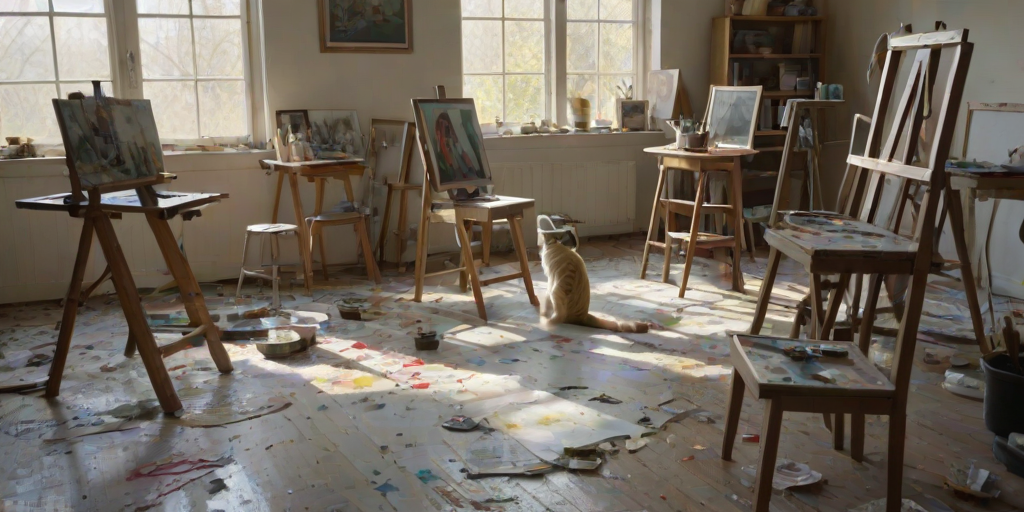Clear, high-resolution image of an artist's studio, paint-splattered floor and easels with unfinished canvases, bright morning light streaming in through large windows, jars of paintbrushes on a cluttered table, a cat curled up on a worn-out chair, the artist standing in the background, contemplating their work.