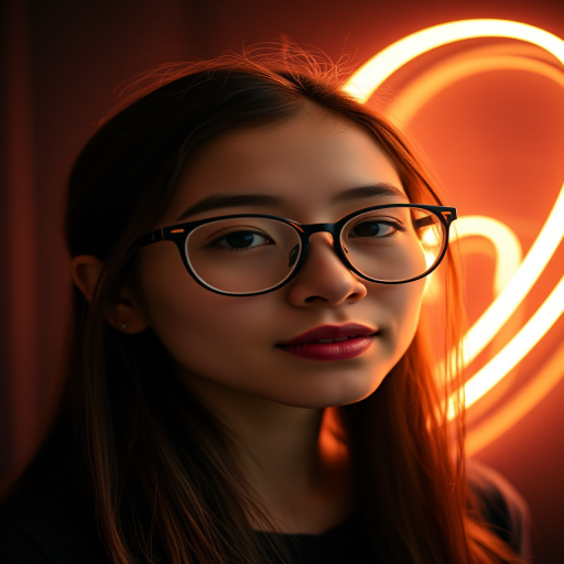 portrait of a young woman with glasses against a glowing neon heart backdrop, soft focus for dreamy effect, low light setting, aperture f/2.8, ISO 400, shutter speed 1/60s, shot with a mirrorless camera, portrait view, ambient lighting for an ethereal feel