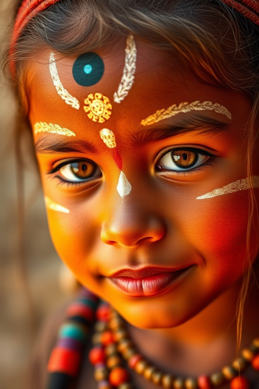 portrait of a young girl with tribal face paint, warm colors, soft lighting, high resolution, DSLR camera, aperture f/2.8, ISO 100, 50mm lens, natural soft focus, shot at eye level, vibrant color palette