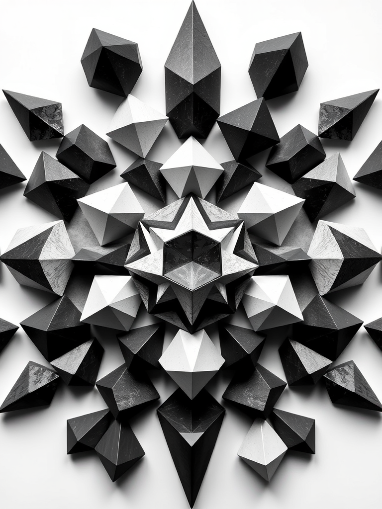 Create an intricate geometric arrangement featuring various polyhedra in a circular layout, with high contrast black and white colors, captured using a DSLR camera at f/8 aperture, ISO 100, and a focal length of 50mm with a top-down view to enhance clarity and detail.