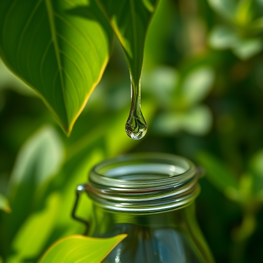 close-up of a green leaf with a drop of liquid falling into a glass bottle surrounded by lush greenery, shallow depth of field, aperture f/2.8, ISO 100, 50mm lens, natural sunlight, macro photography, DSLR camera