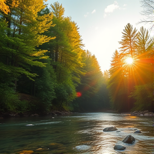 Create an image of a serene, sunlit forest scene with a clear, gently flowing river. Tall trees with lush green foliage line both sides of the river, their leaves bathed in the warm golden light of the setting or rising sun. The sunlight filters through the trees, casting soft, dappled light on the river, which flows over smooth rocks and pebbles, creating a peaceful, natural atmosphere. The sky is bright with a few scattered clouds, and the overall mood is tranquil, evoking a deep sense of connection with nature. The image captures the beauty of a calm, pristine forest landscape at either dawn or dusk.