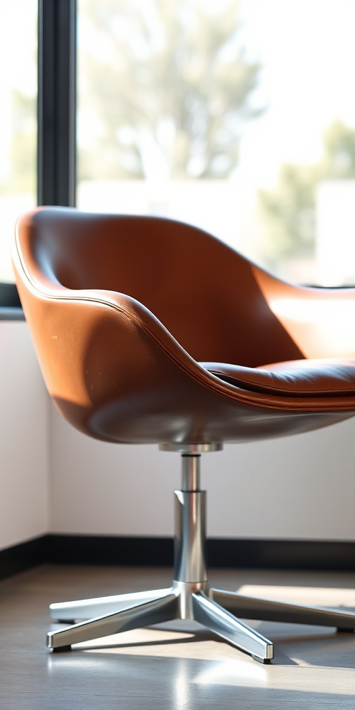 Create a high-resolution image of a modern swivel chair with a brown leather seat and silver base, using a DSLR camera with a 50mm lens, aperture set to f/2.8 for shallow depth of field, shot in bright natural light, at an angle that showcases the chair's curves.