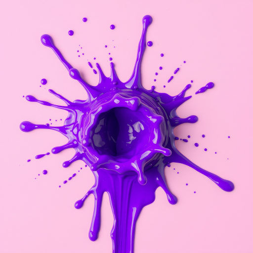Create an image of a vibrant purple paint splash with dynamic splatters and drips, captured with a DSLR camera at f/2.8 aperture, 1/250 sec shutter speed, using a top-down view and a macro lens for enhanced detail and clarity.