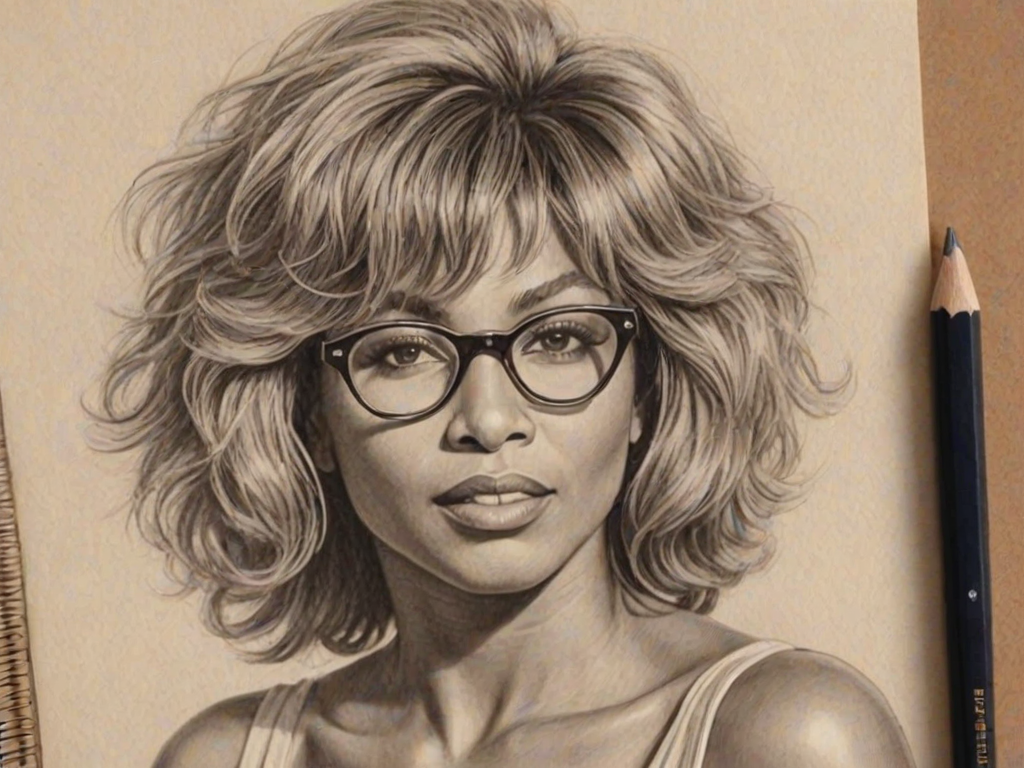 Sublime Tina Turner, pencil sketch, portrait of Exquisite woman 1934s in glasses, hair style beatnik, outline, clear lines, fine lines, 8k