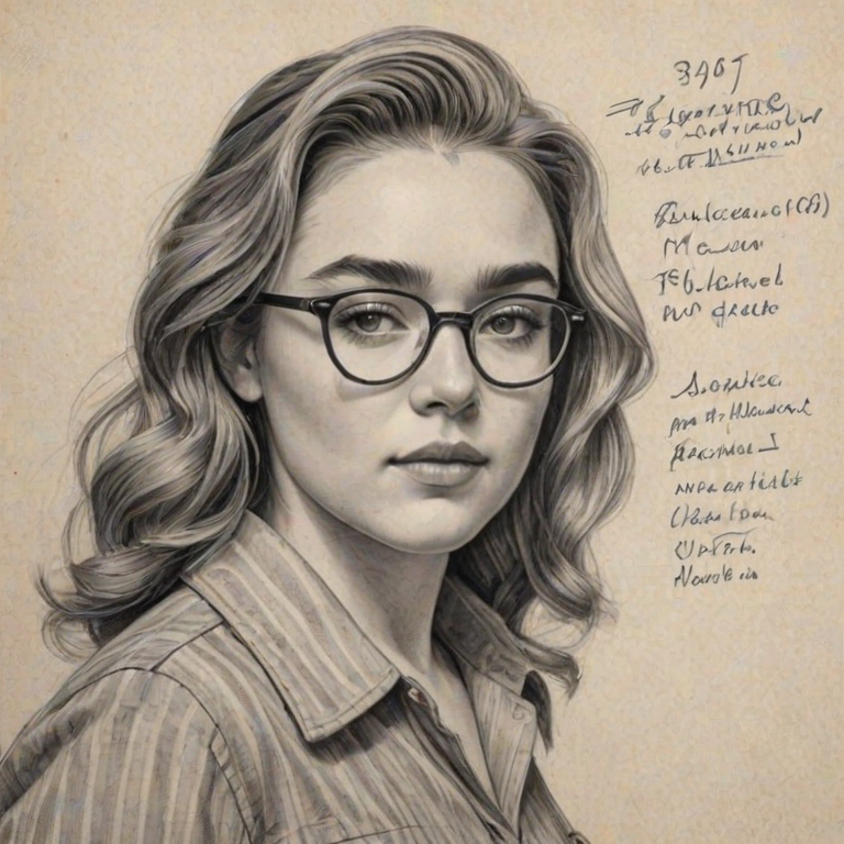 Comely Florence Pugh, pencil sketch, portrait of Fetching woman 1946s in glasses, hair style beatnik, outline, clear lines, fine lines, 8k