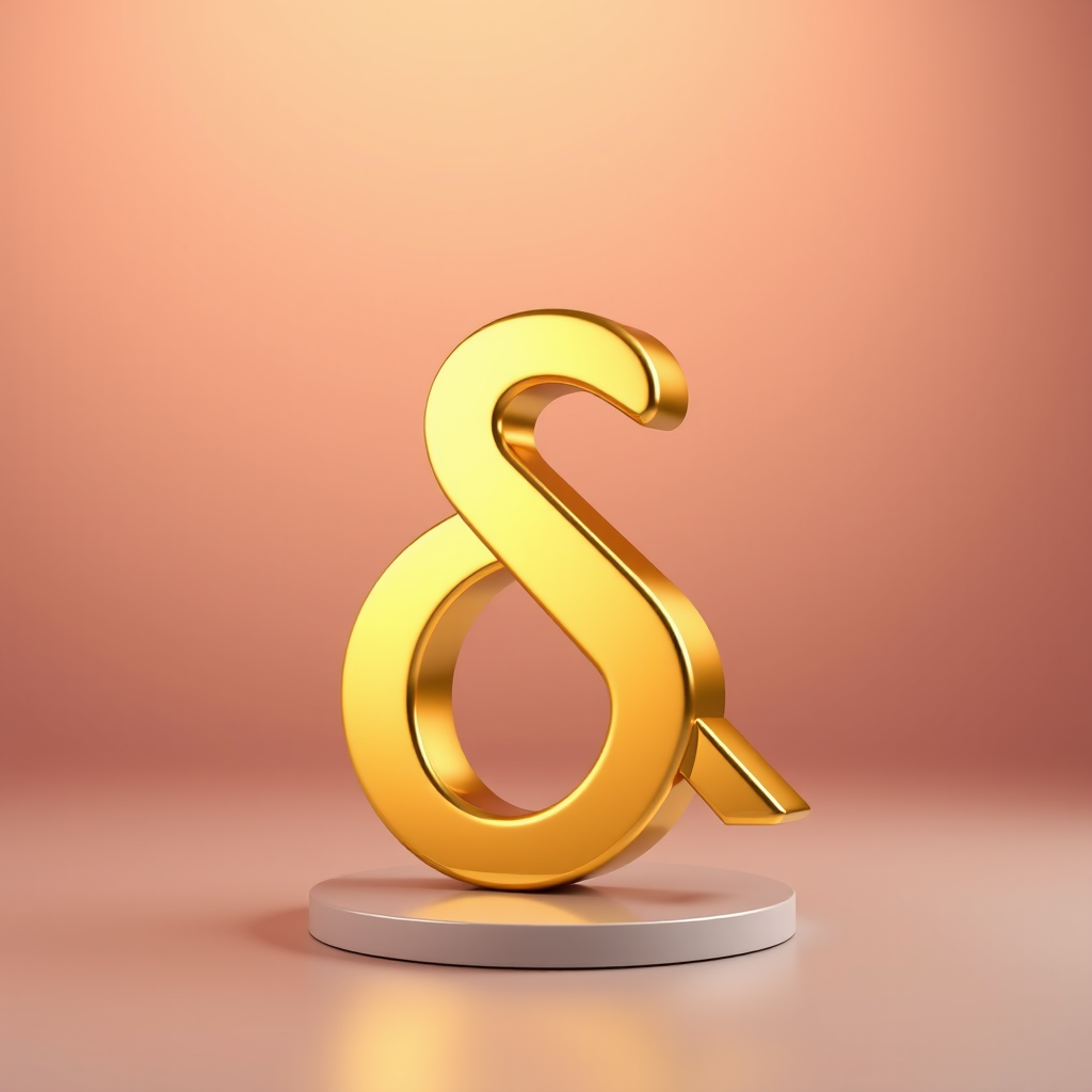 generate a high-resolution 3D render of a shiny gold ampersand symbol on a gradient background with a shallow depth of field, using a Canon EOS R5 camera with a 50mm f/1.2 lens, settings at ISO 100, f/1.2, shutter speed 1/200 sec, and soft diffused lighting