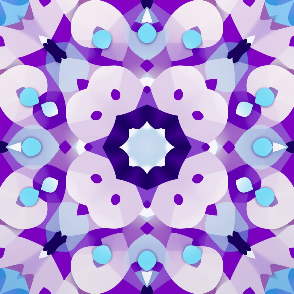Create a vibrant geometric pattern with overlapping circles and stars in shades of purple, blue, and white, captured using a high-resolution DSLR camera at f/8 aperture, ISO 100, 50mm lens, in a top-down view to emphasize symmetry and depth.