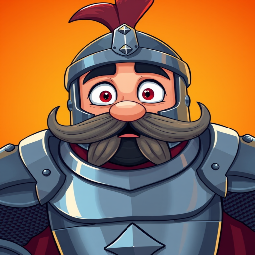 Create a high-resolution digital illustration of a surprised cartoon knight with a large mustache, wearing armor, set against a vibrant orange background, using a Canon EOS R5 with an 85mm f/1.2 lens, aperture set to f/2.8, ISO 100, with a soft focus on the background and a slight vignette effect for added depth.