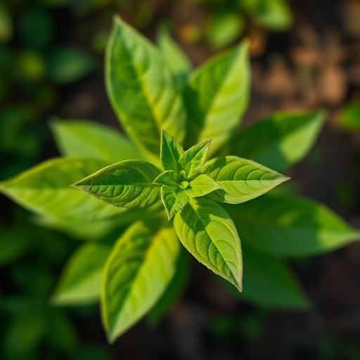 Generate an image of a stylized green plant with several leaves, using a DSLR camera at f/8 aperture, 50mm lens, 1/125 sec shutter speed, overhead view, natural lighting, and vibrant colors.