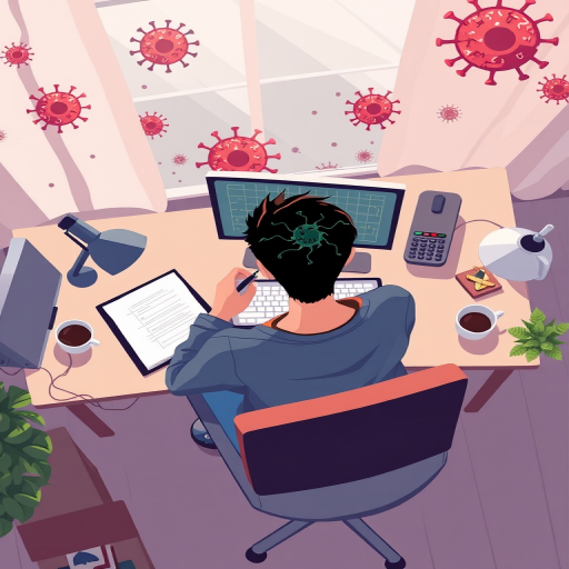 Create a high-resolution digital illustration of a person working from home at a desk, featuring a computer, notebook, and coffee cup, with a stylized background of floating virus icons, using a 50mm lens, f/2.8 aperture, ISO 200, and top-down view to emphasize the scene.